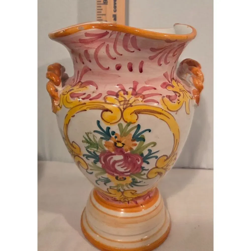 Vintage Italian Hand Painted Majolica Vase Floral Italy 18 cm